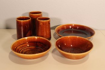 Lot Of Vintage Brown Glazed Pottery Dishes / Cups / Bowls