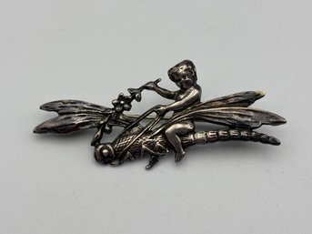 Vintage Art Nouveau Sterling Silver .925 Cherub Riding Dragonfly Brooch Pin 2'