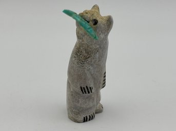 Vintage Zuni Art Antler Fetish Bear W/ Turquoise Fish By Claudia Peina 2'