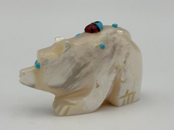Vintage Zuni Fetish Bear By Danette Laate Mother Of Pearl & Turquoise 1.4'