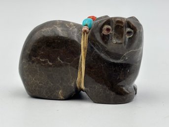 Vintage Serpentine Zuni Fetish Bear W/ Turquoise Accents 1.8'