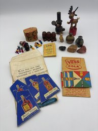 Lot Of Vintage Miniature Items Old Taylor Whiskey Puzzle, Vess Cola, Bone Etching Monkeys Worry Dolls, Vases