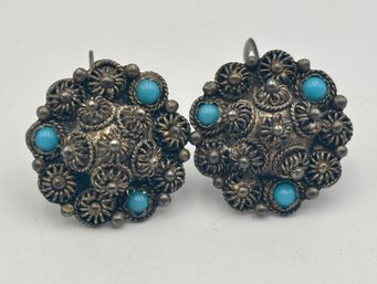 Vintage .900 Silver Etruscan Revival Filigree & Cannetille Clip-On Earrings W/ Turquoise