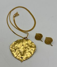 Gold Dipped Aspen Leaf Necklace & Pair Of 18K Gold Aspen Leaf Earrings
