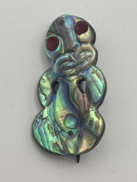 Vintage Sterling Silver Maori Tiki Pua Shell Carved Alien Brooch 1.3'
