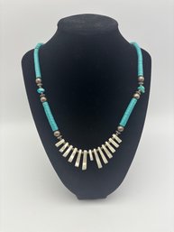 Graduated Turquoise & Mother Of Pearl Necklace With Sterling Silver Spacers Long 24'