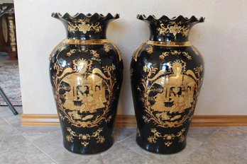 Vintage Pair 24' Beautiful Porcelain Limoges Black & Gold Oriental Tall Floor Vase