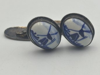 Vintage .925 Sterling Silver Delft Holland Dutch Windmill Ceramic Blue White Cufflinks