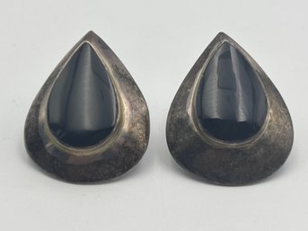 Vintage Sterling Silver & Black Onyx Teardrop Post Earrings 1'