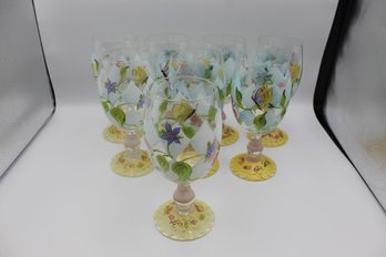 Lot Of 8 Hand Painted Torquay Wine / Water Glasses Goblets - Floral, Butterfly