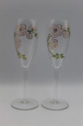 Vintage Pair Of Hand Painted Perrier Jouet Champagne Glass Flutes Art Nouveau