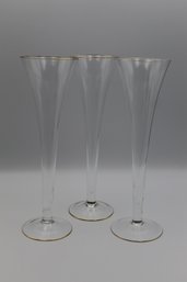 Set Of 3 Vintage Trumpet Hollow Stemmed Champagne Glasses With Gold Rims
