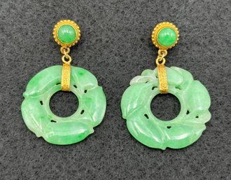 Vintage Art Deco 24K Yellow Gold Chinese Jadeite Jade Circle Disk Earrings