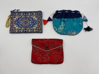 Lot Of 3 Vintage Colorful Oriental Chinese Jewelry Pouches
