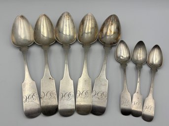 8 Antique Continental Silver Coin Silver Spoons, 5 Serving 3 Small Spoons J B Mcfadden & Son Flatware