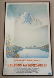 Vintage 1970s French Alpine Sauvons La Montagne Poster In Frame 39 X 24
