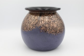 Vintage Blue Hand Blown Glass Artisan Iridescent Vase