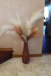 Decorative Wood Terra-cotta Color Varnished Vase With Decorative Poms
