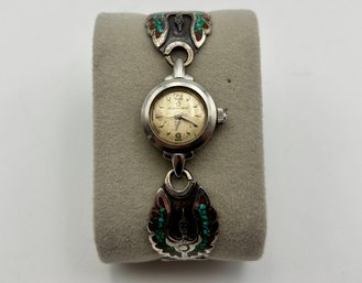 Vintage 1980s Womens Zuni Boone 'LB' Silver & Turquoise Womens Watch W/ Eterna-matic Dial