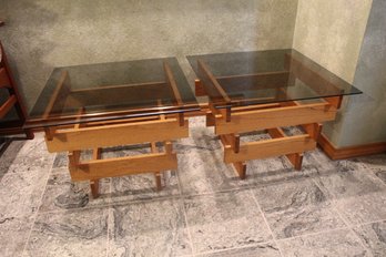 (Read Description!) Pair Of Brutalist Style MCM Solid Cherry Wood Handmade Table W/ Glass Top