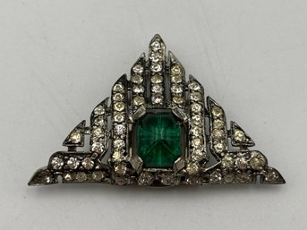 Vintage Silver Tone & Rhinestone Art Deco Dress Clip With Green Stone 1.8'