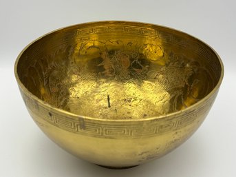 Vintage Large Brass Bowl Chinese Carvings 9.5 X 9.5 X 5.25