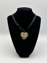 Antique Gold Silver Stitched Bead Velvet Victorian Heart Necklace Pendant