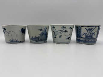 Set Of 4 Antique Japanese Koimari Blue & White Soba Choko Cup