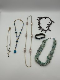 Lot Of Women's Jewelry - Beaded, Blue Necklaces, Bracelets With Gold Accents