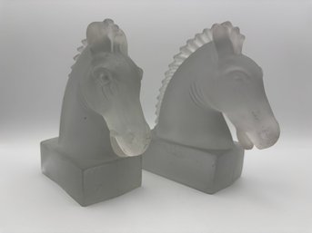 Vintage Frosted Glass Horse Head Book Bookends 7'