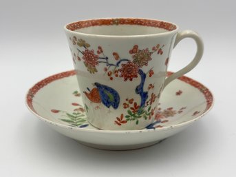 Antique Worcester Porcelain 'Two Quail' Pattern Tea Cup & Saucer, Circa 1775