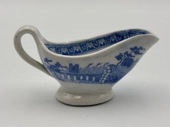 Antique 19th Century Antique Creamer Miniature Sauceboat Blue & White Transferware 2.75'