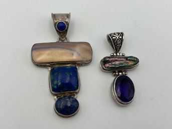 Lot Of 2 Sterling Silver Necklace Pendants W/ Lapis Lazuli , Azurite Malachite Agate, Amethyst, Biwi Pearl Etc