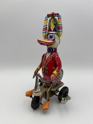 Vintage Reproduction Tin Litho Duck On Tricycle Wind-Up Toy 8'
