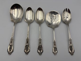 Lot Of 5 Wallace Sterling Silver Rose Point Large Serving Spoons Bon Bon, Tomato Spoon, Etc (12.5oz)