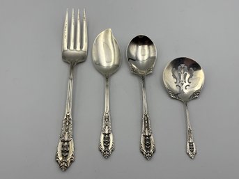 Lot Of 4 Wallace Sterling Silver Rose Point Serving Spoons, Tomato Spoon, Meat Fork, Etc (5.41oz)