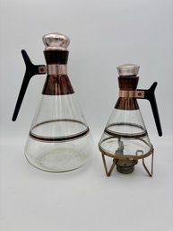 Vintage Lot Of 2 MCM Pyrex Inlaid Corning Glass Coffee Carafe Set W/ Warming Stand