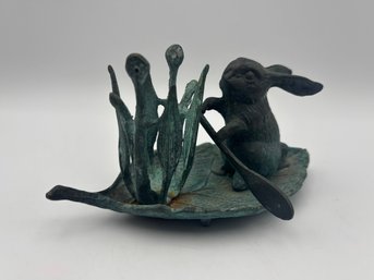 Vintage Andrew Sadek Oxidized Brass Metal Bunny Rabbit Rowing On Leaf Boat Candle Holder 6 X 3.75 X 3'