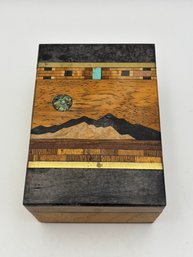 Vintage Handcrafted Wooden Trinket Jewelry Box With Brass & Turquoise Inlay Mountains 4.5'