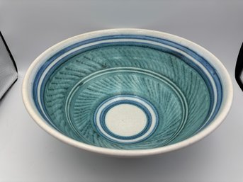 Vintage Handmade Ceramic Serving Bowl With Blue & Ivory Swirl Pattern