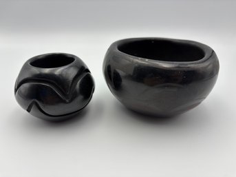 Vintage Lot Of 2 Carved & Etched Blackware Black Ware Small Jewelry Bowls