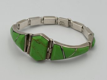 Vintage Women's Green Turquoise Inlay Cuff Bracelet Sterling Silver .950 Made In Mexico