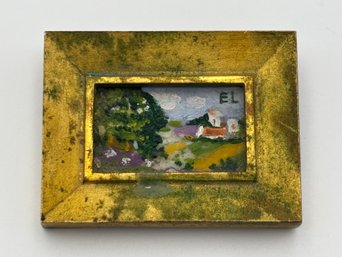 Vintage French Miniature Brass Frame Pin Art Hand Painted Impressionism - 1.75' X 1.25' Signed 'EL'