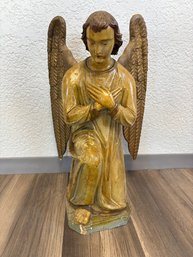 Large Antique Early Spanish 18th Century Hand Carved Wooden Baroque Kneeling Angel Statue 23'