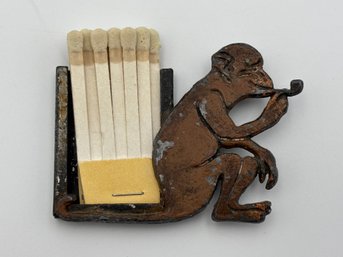 Vintage French Iron Handmade Smoking Monkey Cigarette Matchbook Match Holder 2.5' X 1.75'