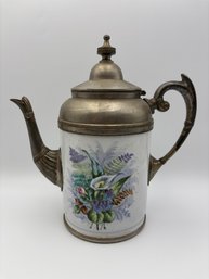 Antique Manning Bowman Pewter & Enamel Floral Coffee Tea Pot  - 9.25'