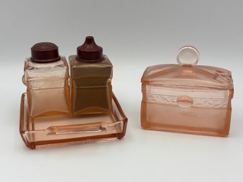Antique Pink Depression 1920s Glass Cruet Set 4.5' X 4' Sugar Dish Salt Pepper Shaker