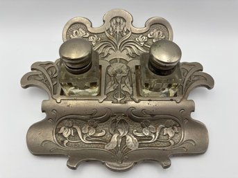 Antique French Art Nouveau Iron Inkwell Double Ink Well - 9.5' X 8'
