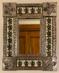 Vintage Handmade Talevara Tile & Tin Mexican Mirror - 21' X 16.75'