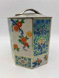 Vintage Baret Ware Octagon Asian Floral Tea Barrel Tin - 4.75 X 5